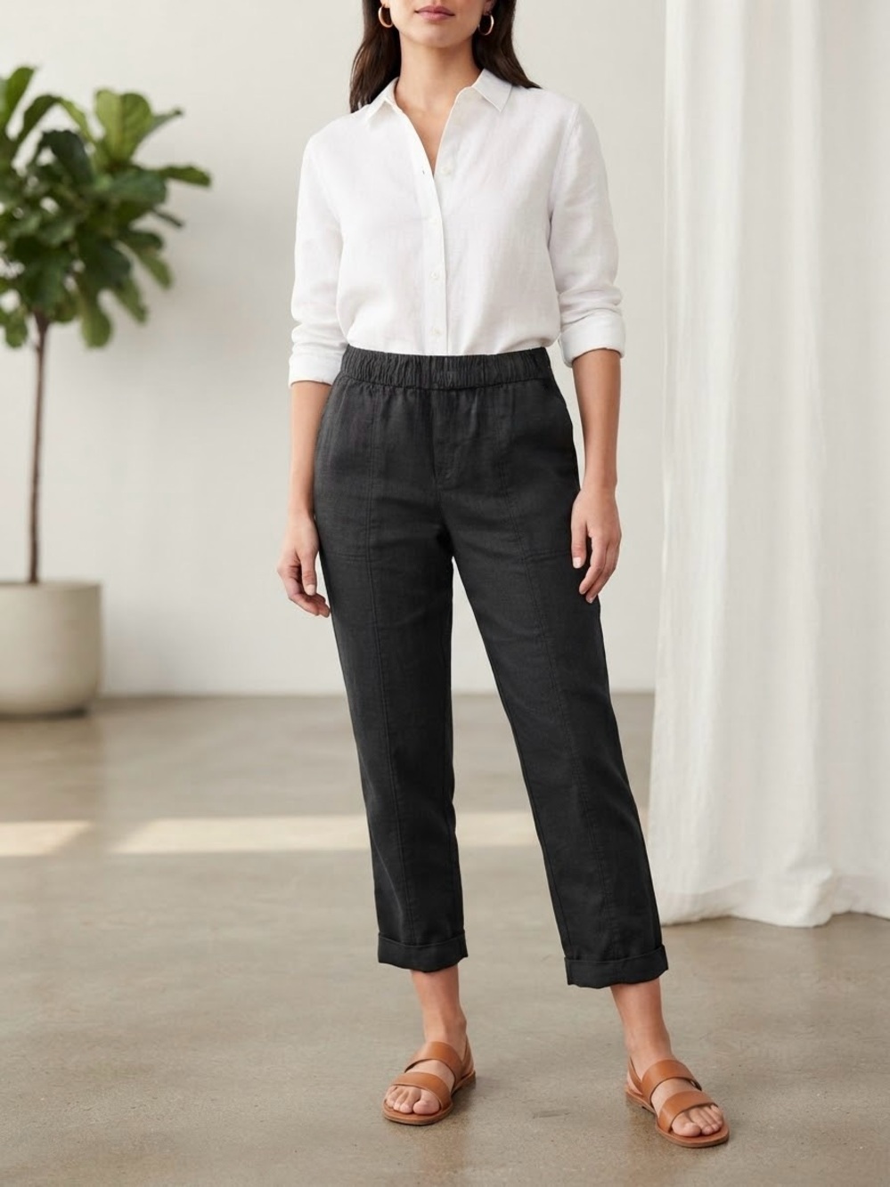 Old Navy High-Rise Straight Taper Crop Linen Blend Pants Black Large NWT
